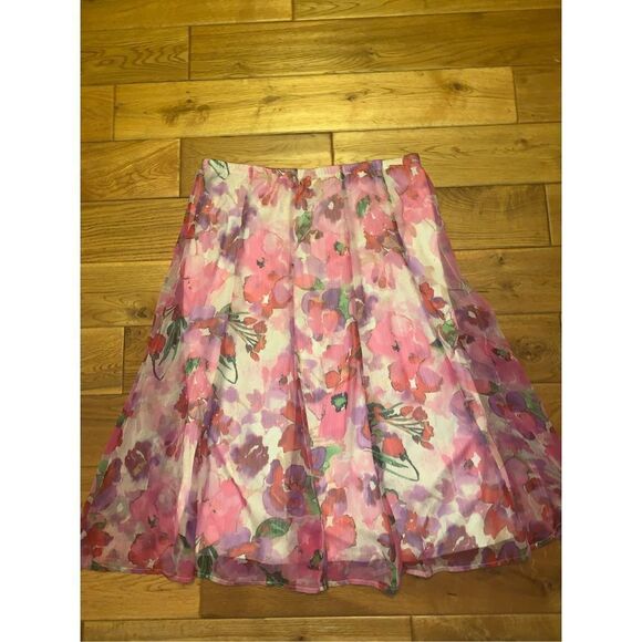 Vintage Pink Floral Chiffon Double Layered Full Skirt Large - Picture 1 of 10